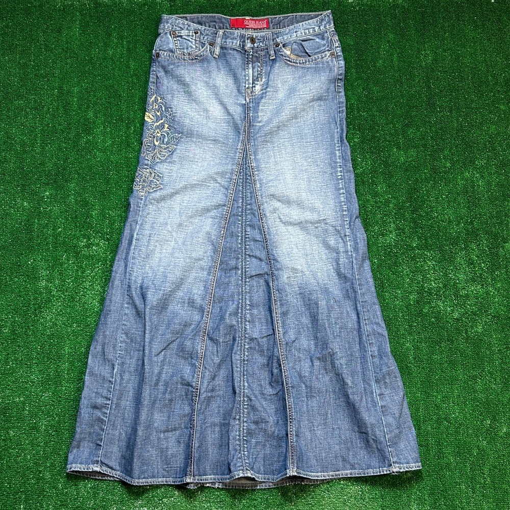 Vintage Y2K Guess Womens Denim Maxi Skirt 27 Blue Floral Embroidered Whimsigoth
